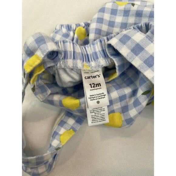 Baby Romper 12M Blue White Gingham Lemon Print Cotton Adjustable Straps Carters - Picture 5 of 8